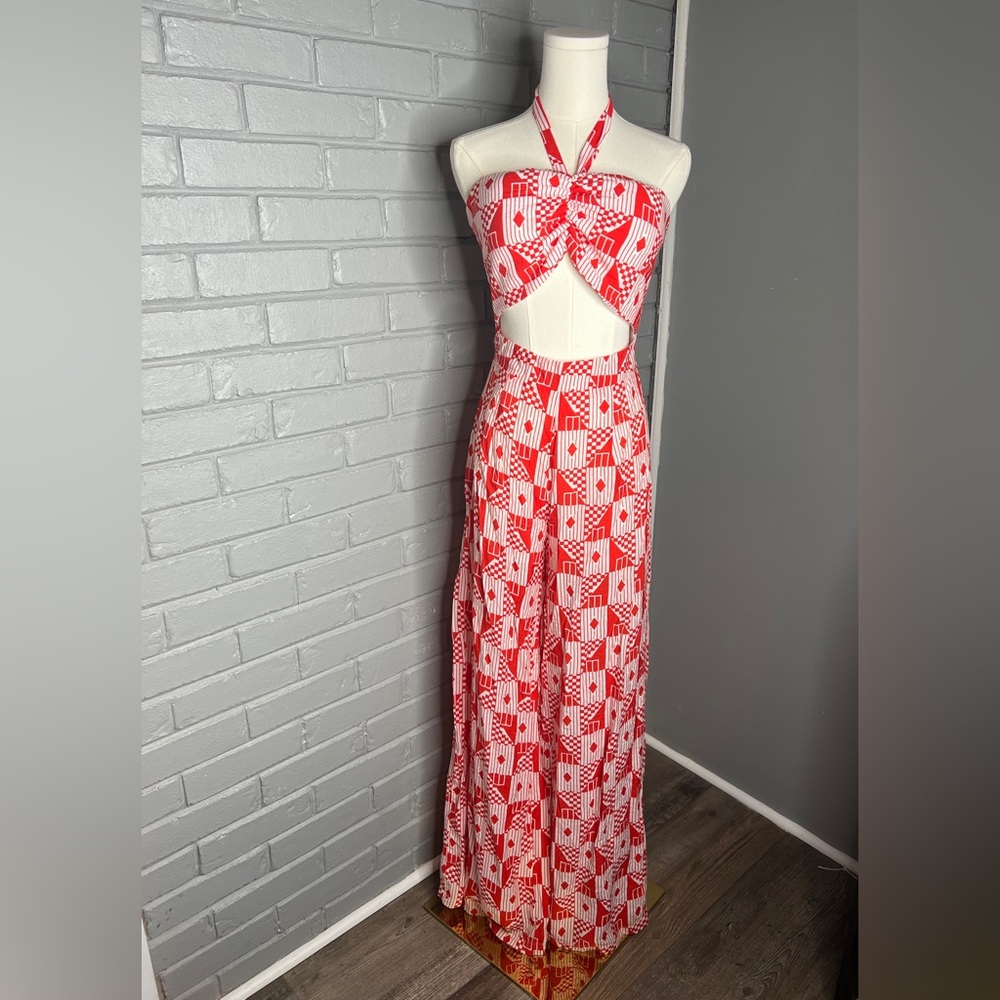 The Sang Women’s Red-Orange Geometric Cutout Halter Flare Jumpsuit Size Small